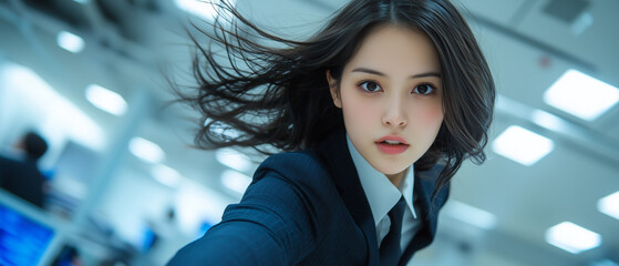 Poster - businesswoman in dynamic pose in office setting, with her hair flowing and focused expression, conveys energy and determination