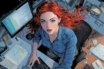 Aufkleber - dynamic illustration of business woman with red hair, working at cluttered desk with multiple computer screens displaying data, conveying focus and determination