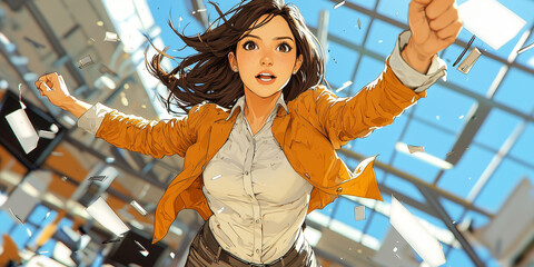 Poster - dynamic illustration of business woman in motion, exuding confidence and energy in modern office setting with papers flying around her