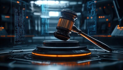 Futuristic Legal Authority: A digital gavel set against a futuristic background, symbolizing modern law and justice.