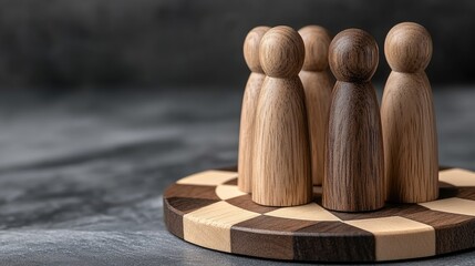 Poster - Wooden figures symbolize connections in business and social interactions against a gray and green background