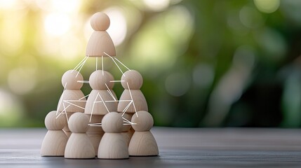 Poster - Wooden figures symbolize connections in business and social interactions against a gray and green background