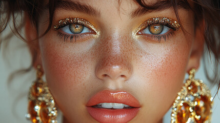 Close-Up Portrait Showcasing Glamorous Makeup with Gold Eye Shadow and Earrings