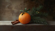 © Mykhailo - Mandarin with Cinnamon Sticks and Pine Sprigs on Rustic Background – Cozy Winter Still Life with Warm Tones and Natural Holiday Decor Elements