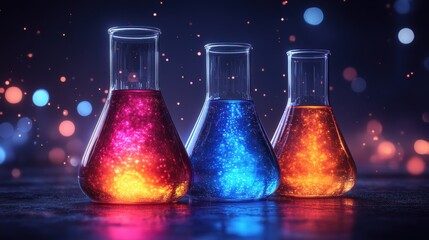 Three glowing chemical flasks with colorful liquids in a laboratory, scientific research, bright experiments, science lab work, illuminated glassware, chemistry innovation