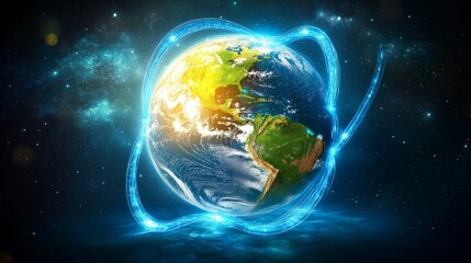 Poster - Connected Globe with Blue Network Lines Over North America, Symbolizing Global Communication and Digital Connectivity, Generative AI