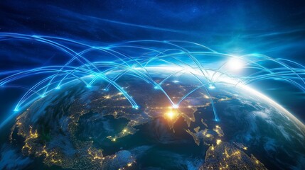 Leinwandbilder - Connected global Citys with Blue Network Arcs Representing Digital Technology and Global Communication, Generative AI
