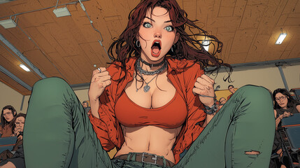 Leinwandbilder - surprised college girl in dynamic pose during lecture, wearing casual attire and surrounded by classmates