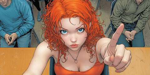 Poster - red haired woman in dynamic pose raises her hand confidently in classroom setting, surrounded by other students. Her expression is focused and determined