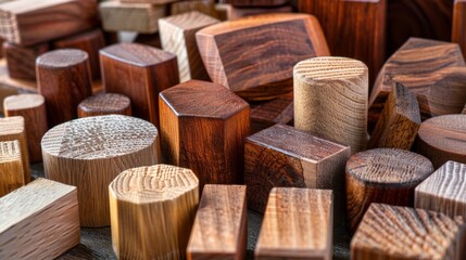 Poster - different sized wooden cubes and geometric shapes are arranged randomly, creating an interesting com