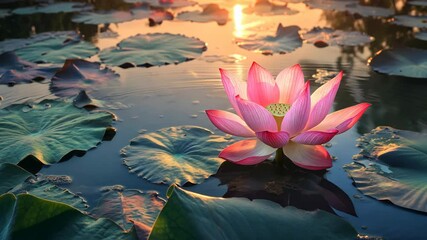 Wall Mural - A pink lotus flower blooms in a pond at sunrise