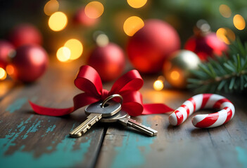 A glossy bow with apartment keys on a dark surface with a blurred Christmas ornaments and lights in the background