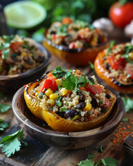 A close-up of a single stuffed bell pepper, filled with quinoa, black beans, corn, tomatoes, and cilantro, sitting on a wooden table