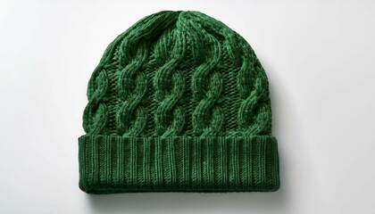 A forest green knit beanie, isolated on a white background