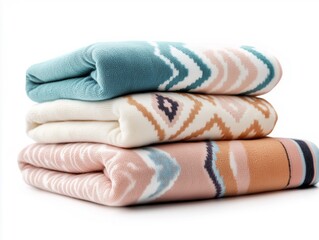 A stack of three decorative blankets in soft colors and patterns, featuring cozy textures that add warmth and style to any decor.