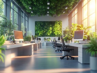 Poster - Modern office space with greenery and natural light, promoting a healthy work environment.