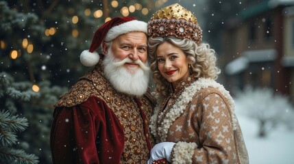 Wall Mural - A man and woman dressed as Santa Claus and Mrs. Claus pose for a picture in the snow