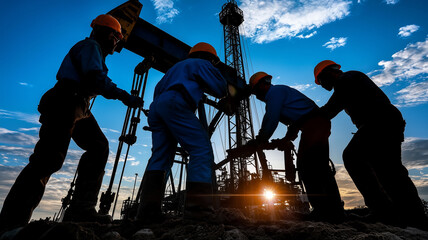 Oil drillers working on an oil derrick
