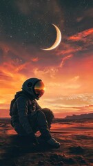 Wall Mural - astronaut contemplating crescent moon on mars