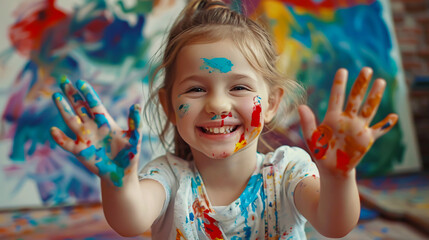 Poster - A funny child girl laughing and showing hands dirty with paint