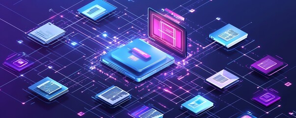 Fototapete - Dynamic 3D visualization of digital document management systems operating within a virtual network