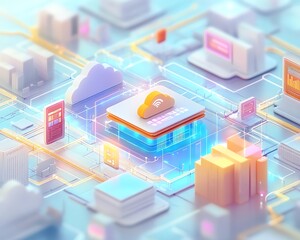 Aufkleber - Eyecatching 3D visualization of a digital document management ecosystem within a virtual network, illustrating the seamless integration of files and cloud technology