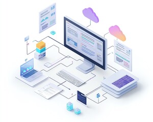 Fototapete - Eyecatching 3D visualization of a digital document management ecosystem within a virtual network, illustrating the seamless integration of files and cloud technology