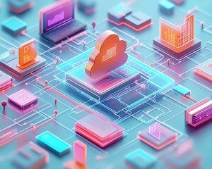 Poster - Innovative 3D visualization of a virtual network dedicated to digital document management, featuring interconnected files, secure cloud storage, and realtime collaboration tools