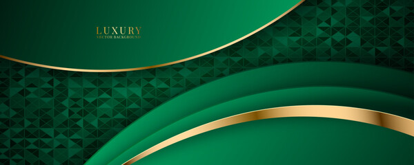 Poster - 3D green luxury abstract background overlap layer on dark space with golden waves effect decoration. Modern graphic design element cutout style concept for web banner, flyer, card, or brochure cover