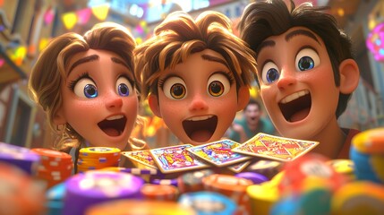 Three excited children celebrate with colorful cards and chips in a festive setting.