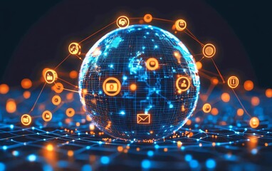 Poster - Captivating 3D rendering of a globe with interconnected digital user icons and lines