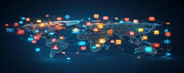 Poster - Creative 3D rendering of a world map globe with vibrant digital user icons linked by lines