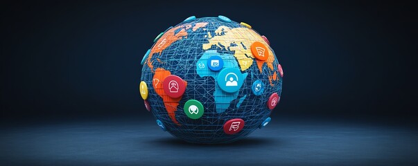 Poster - Creative 3D rendering of a world map globe with vibrant digital user icons linked by lines