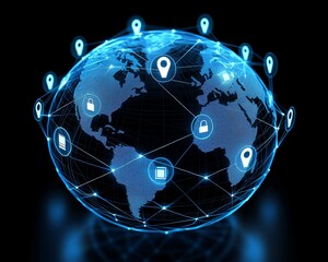 Poster - Detailed image of a globe featuring digital user icons connected by lines, symbolizing global communication and networking concepts in striking 3D against a dark blue background