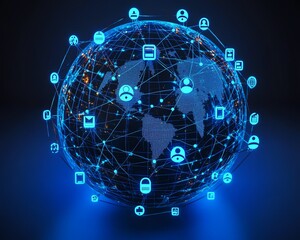 Poster - Detailed image of a globe featuring digital user icons connected by lines, symbolizing global communication and networking concepts in striking 3D against a dark blue background