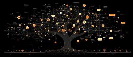 Poster - Dynamic 3D visualization of a graphic lineage tree with interconnected user icons and speech bubbles, emphasizing personal data and human connections on a rich dark backdrop