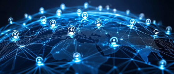 Poster - Dynamic 3D visualization of a globe showcasing interconnected digital user icons and lines, representing global communication and social networking against a dark blue backdrop