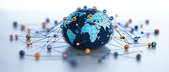 Poster - Engaging 3D visualization of a world map globe adorned with interconnected digital user icons and lines, emphasizing the themes of global communication and social networks