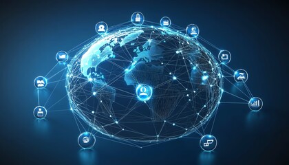Poster - Eyecatching 3D visualization of a globe with digital user icons connected by lines, highlighting global communication and social networking themes on a deep dark blue background