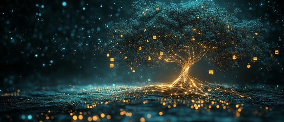 Poster - Innovative 3D visualization of a lineage tree with digital graphic user icons and speech bubbles