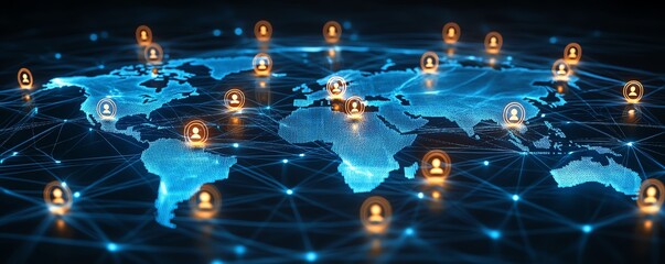 Poster - Stunning 3D rendering of a world map globe with digital user icons connected by lines