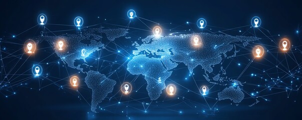 Poster - Stunning 3D rendering of a world map globe with digital user icons connected by lines