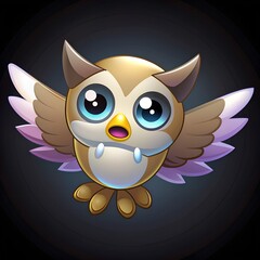 a small, open-winged flying owl with big eyes on a black background