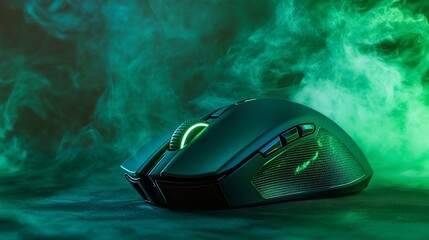 A black gaming mouse with green LED lighting sits on a black surface with green smoke in the background.