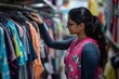 © Artem Zatsepilin - young indian woman choosing clothes in clothing store. customer shopping in second hand shop. shopping, activewear and modern retail. sale poster