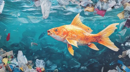 Wall Mural - A goldfish swimming in a sea of plastic pollution