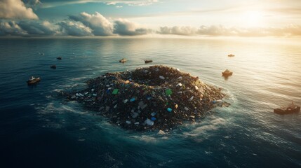 Wall Mural - A Mountain of Plastic Waste in the Ocean Surrounded by Ships