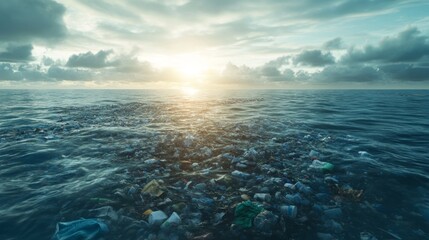 Wall Mural - Plastic Pollution in the Ocean at Sunset