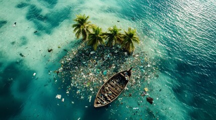 Wall Mural - An Aerial View of a Small Boat Surrounded by Plastic Pollution in a Tropical Lagoon