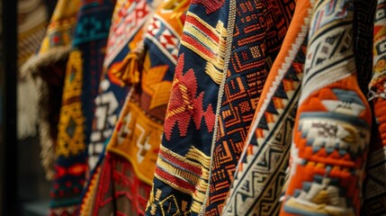 Vibrant woven textiles with traditional south american patterns hang in a retail store, showcasing rich culture and craftsmanship. Perfect for adding a pop of color and culture to any space